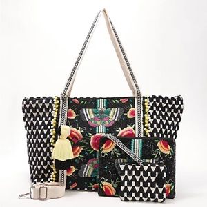 America and Beyond Embellished Tote w/ Two Pouches with Butterflies